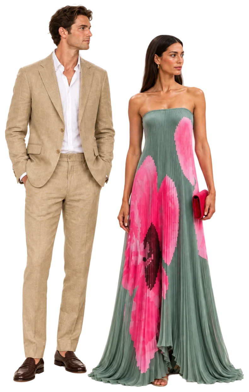 Outfit inspiration: a man in a lightweight tan suit and a woman in a floral maxi dress